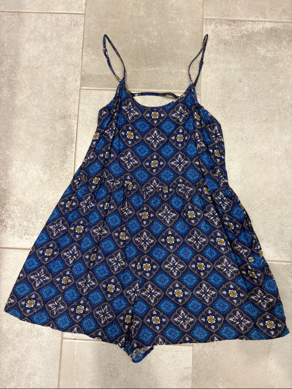 ROXY Blue Patterned Spaghetti Strap Romper, Size S